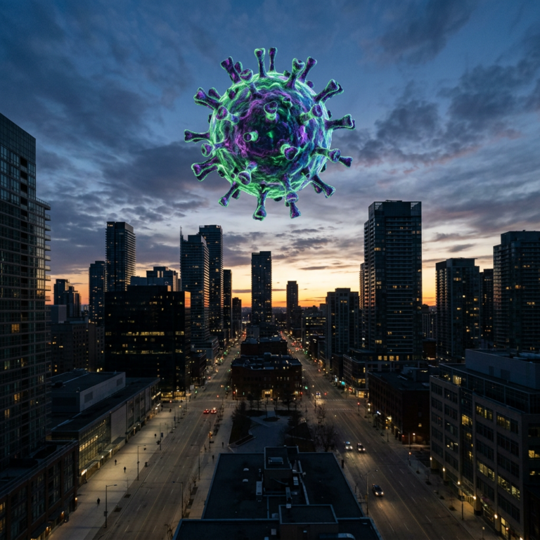 Coronavirus illustration hovering above city skyline at sunset.