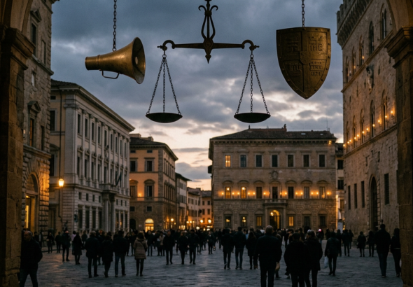 Piazza italiana al crepuscolo con bilancia simbolica