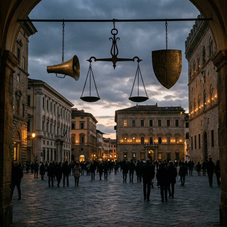 Piazza italiana al crepuscolo con bilancia simbolica
